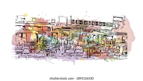 La vista de edificio con un punto de referencia de Bihar Sharif es el
ciudad de India. salpicadura de acuarela con ilustración de esbozo dibujada a mano en vector.