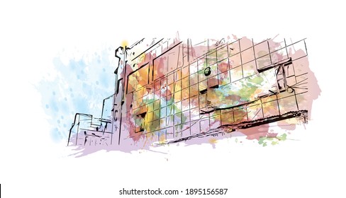 La vista de edificio con un punto de referencia de Bihar Sharif es el
ciudad de India. salpicadura de acuarela con ilustración de esbozo dibujada a mano en vector.
