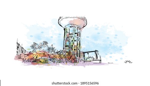 Der Blick auf das Gebäude mit Wahrzeichen von Bihar Sharif ist der
Stadt in Indien. Aquarellspritzer mit handgezeichneter Skizzengrafik in Vektorgrafik.