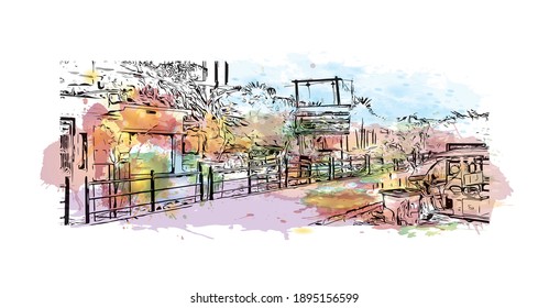 La vista de edificio con un punto de referencia de Bihar Sharif es el
ciudad de India. salpicadura de acuarela con ilustración de esbozo dibujada a mano en vector.