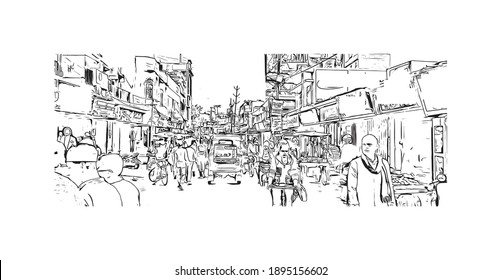 Building view with landmark of Bihar Sharif is the
city in India. Hand drawn sketch illustration in vector.