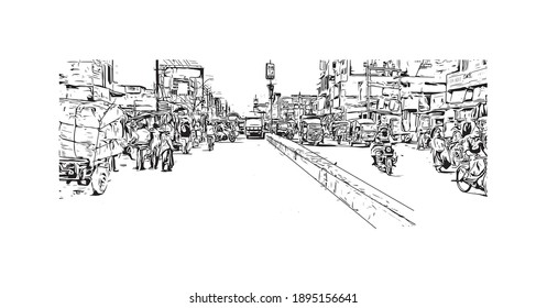 La vista de edificio con un punto de referencia de Bihar Sharif es el
ciudad de India. Dibujo a mano de ilustración de esbozo en vector.