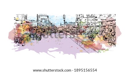 Building view with landmark of Bihar Sharif is the
city in India. watercolour splash with hand drawn sketch illustration in vector.