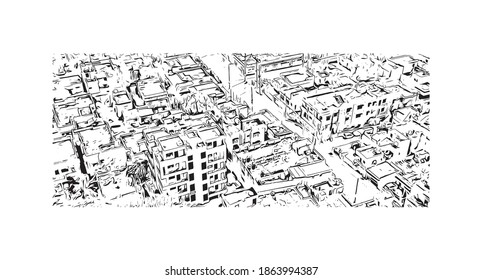 Building view with landmark of Bilaspur is a city of India. Hand drawn sketch illustration in vector.
