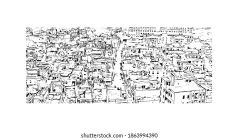 Building view with landmark of Bilaspur is a city of India. Hand drawn sketch illustration in vector.