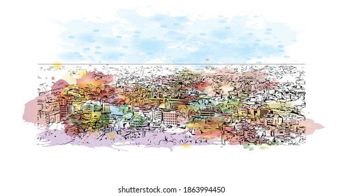 Building view with landmark of Bilaspur is a city of India. Watercolour splash with hand drawn sketch illustration in vector.