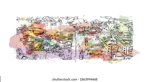 Building view with landmark of Bilaspur is a city of India. Watercolour splash with hand drawn sketch illustration in vector.