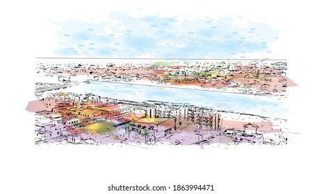 Building view with landmark of Bilaspur is a city of India. Watercolour splash with hand drawn sketch illustration in vector.
