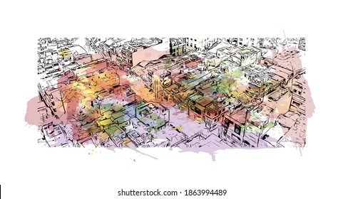 Building view with landmark of Bilaspur is a city of India. Watercolour splash with hand drawn sketch illustration in vector.