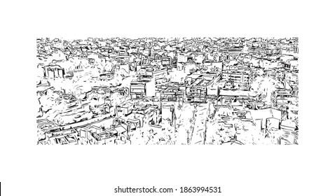 Building view with landmark of Bilaspur is a city of India. Hand drawn sketch illustration in vector.