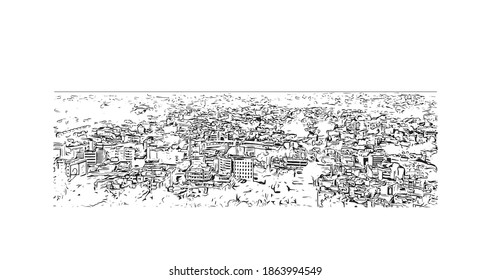 Building view with landmark of Bilaspur is a city of India. Hand drawn sketch illustration in vector.