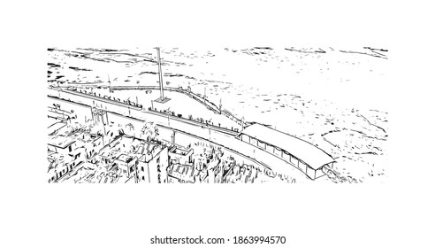 Building view with landmark of Bilaspur is a city of India. Hand drawn sketch illustration in vector.