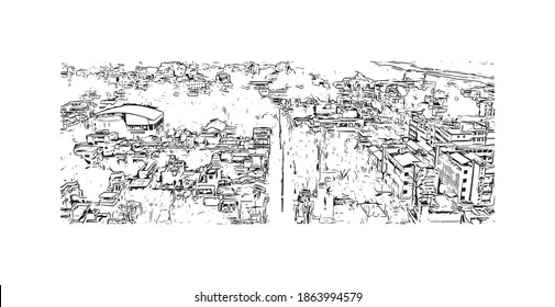 Building view with landmark of Bilaspur is a city of India. Hand drawn sketch illustration in vector.
