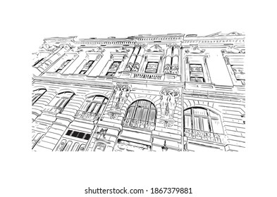 Building view with landmark of Bilbao is the city in northern Spain. Hand drawn sketch illustration in vector.