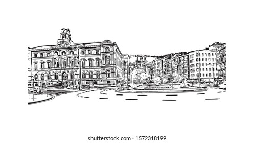 Building view with landmark of Bilbao, an industrial port city in northern Spain, is surrounded by green mountains. Hand drawn sketch illustration in vector.