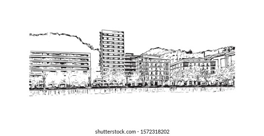 Building view with landmark of Bilbao, an industrial port city in northern Spain, is surrounded by green mountains. Hand drawn sketch illustration in vector.