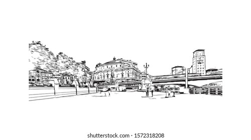 Building view with landmark of Bilbao, an industrial port city in northern Spain, is surrounded by green mountains. Hand drawn sketch illustration in vector.