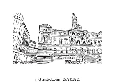 Building view with landmark of Bilbao, an industrial port city in northern Spain, is surrounded by green mountains. Hand drawn sketch illustration in vector.