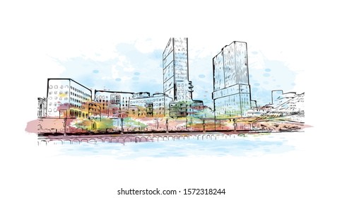 Building view with landmark of Bilbao, an industrial port city in northern Spain, is surrounded by green mountains. Watercolor splash with Hand drawn sketch illustration in vector.