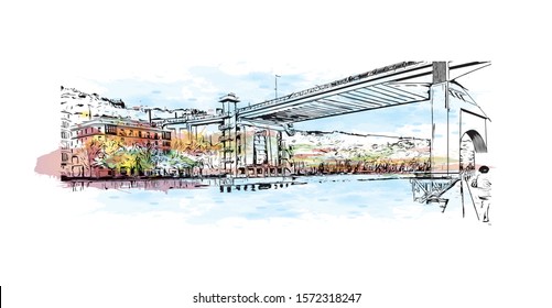 Building view with landmark of Bilbao, an industrial port city in northern Spain, is surrounded by green mountains. Watercolor splash with Hand drawn sketch illustration in vector.