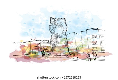 Building view with landmark of Bilbao, an industrial port city in northern Spain, is surrounded by green mountains. Watercolor splash with Hand drawn sketch illustration in vector.