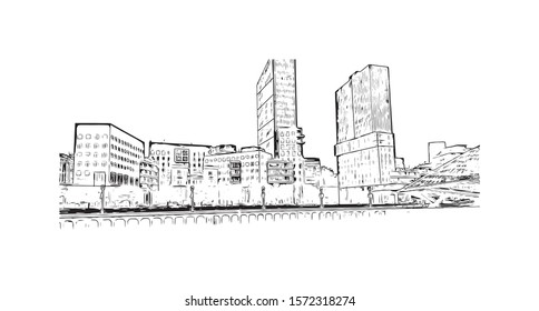 Building view with landmark of Bilbao, an industrial port city in northern Spain, is surrounded by green mountains. Hand drawn sketch illustration in vector.