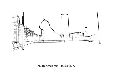 Building view with landmark of Bilbao, an industrial port city in northern Spain, is surrounded by green mountains. Hand drawn sketch illustration in vector.