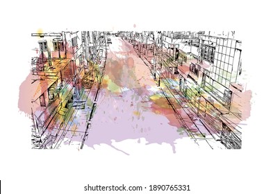 Building view with landmark of Biratnagar is the
city in Nepal. Watercolour splash with hand drawn sketch illustration in vector.