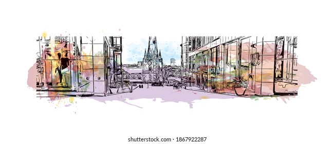 Building view with landmark of Birmingham is a major city in England. Watercolour splash with hand drawn sketch illustration in vector.