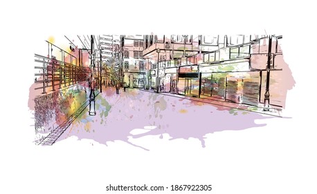 Building view with landmark of Birmingham is a major city in England. Watercolour splash with hand drawn sketch illustration in vector.