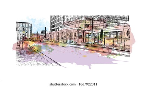 Building view with landmark of Birmingham is a major city in England. Watercolour splash with hand drawn sketch illustration in vector.