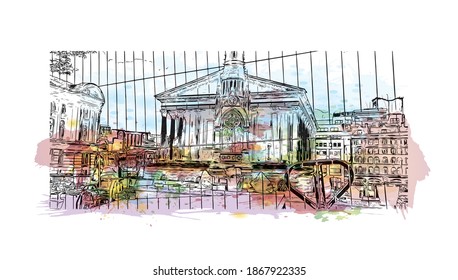 Building view with landmark of Birmingham is a major city in England. Watercolour splash with hand drawn sketch illustration in vector.