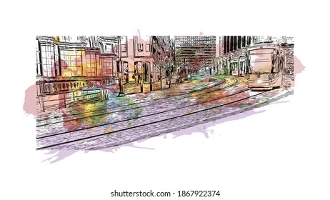 Building view with landmark of Birmingham is a major city in England. Watercolour splash with hand drawn sketch illustration in vector.