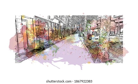 Building view with landmark of Birmingham is a major city in England. Watercolour splash with hand drawn sketch illustration in vector.