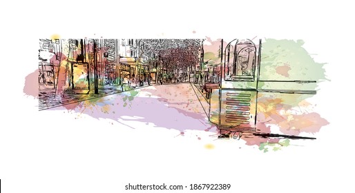 Building view with landmark of Birmingham is a major city in England. Watercolour splash with hand drawn sketch illustration in vector.