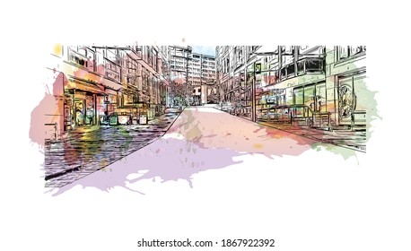 Building view with landmark of Birmingham is a major city in England. Watercolour splash with hand drawn sketch illustration in vector.