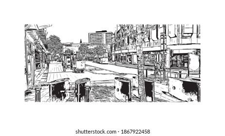 Building view with landmark of Birmingham is a major city in England. Hand drawn sketch illustration in vector.