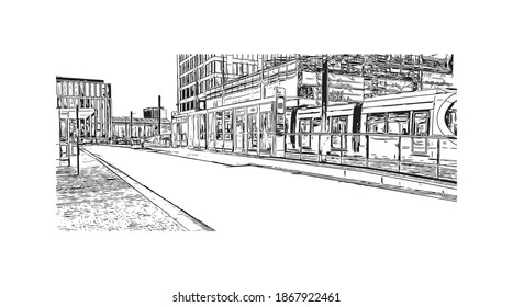 Building view with landmark of Birmingham is a major city in England. Hand drawn sketch illustration in vector.