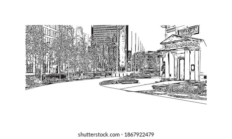 Building view with landmark of Birmingham is a major city in England. Hand drawn sketch illustration in vector.