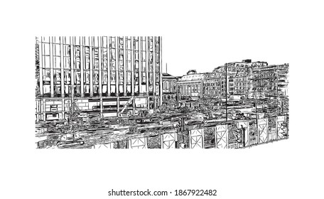 Building view with landmark of Birmingham is a major city in England. Hand drawn sketch illustration in vector.
