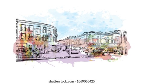 El edificio con vistas a Blackpool es una localidad costera de la costa del mar de Irlanda, en Inglaterra. Salto de color de agua con ilustración de esbozo dibujada a mano en vector.