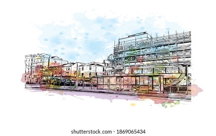 Building view with landmark of Blackpool is a seaside resort on the Irish Sea coast of England. Watercolour splash with hand drawn sketch illustration in vector.