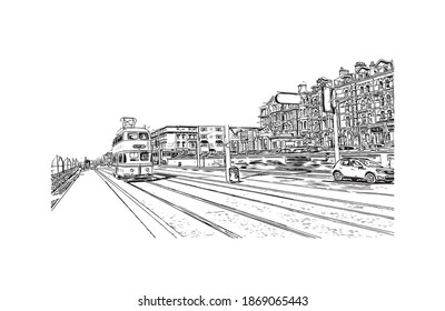 Building view with landmark of Blackpool is a seaside resort on the Irish Sea coast of England. Hand drawn sketch illustration in vector.