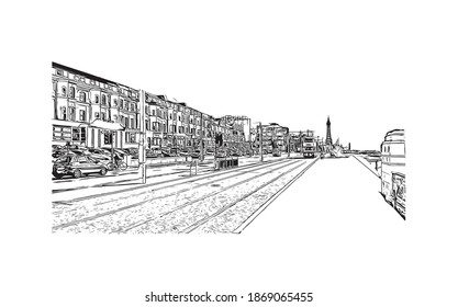 Building view with landmark of Blackpool is a seaside resort on the Irish Sea coast of England. Hand drawn sketch illustration in vector.