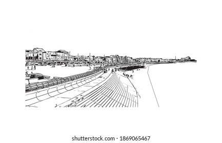 Das Gebäude mit Blick auf Blackpool ist ein Badeort an der irischen Küste von England. Handgezeichnete Skizzengrafik in Vektorgrafik.