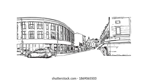 Building view with landmark of Blackpool is a seaside resort on the Irish Sea coast of England. Hand drawn sketch illustration in vector.