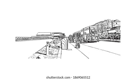 Building view with landmark of Blackpool is a seaside resort on the Irish Sea coast of England. Hand drawn sketch illustration in vector.