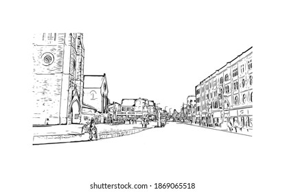 Building view with landmark of Blackpool is a seaside resort on the Irish Sea coast of England. Hand drawn sketch illustration in vector.