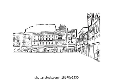 Building view with landmark of Blackpool is a seaside resort on the Irish Sea coast of England. Hand drawn sketch illustration in vector.