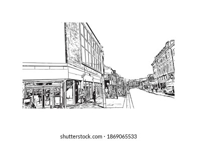Building view with landmark of Blackpool is a seaside resort on the Irish Sea coast of England. Hand drawn sketch illustration in vector.